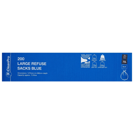 CleanPro Large Blue Refuse Sacks 75L 200pcs for commercial waste disposal