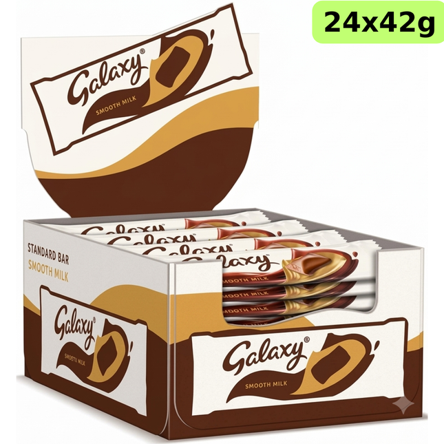 Galaxy Smooth Milk chocolate bars in a wholesale case of 24 individually wrapped 42g bars