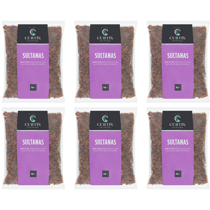 Curtis Catering Sultanas wholesale case containing 6 x 2kg packs of dried sultanas for fruit cakes, scones, buns, desserts and professional baking