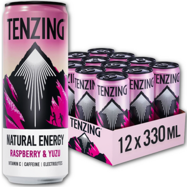 TENZING Raspberry & Yuzu Natural Energy Drink 330ml cans, wholesale case of 12.