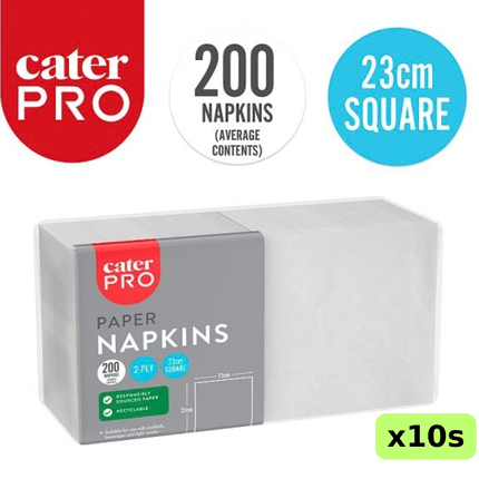 CaterPro white 2-ply paper napkins, wholesale case of 10 packs containing 200 napkins each, 23cm square