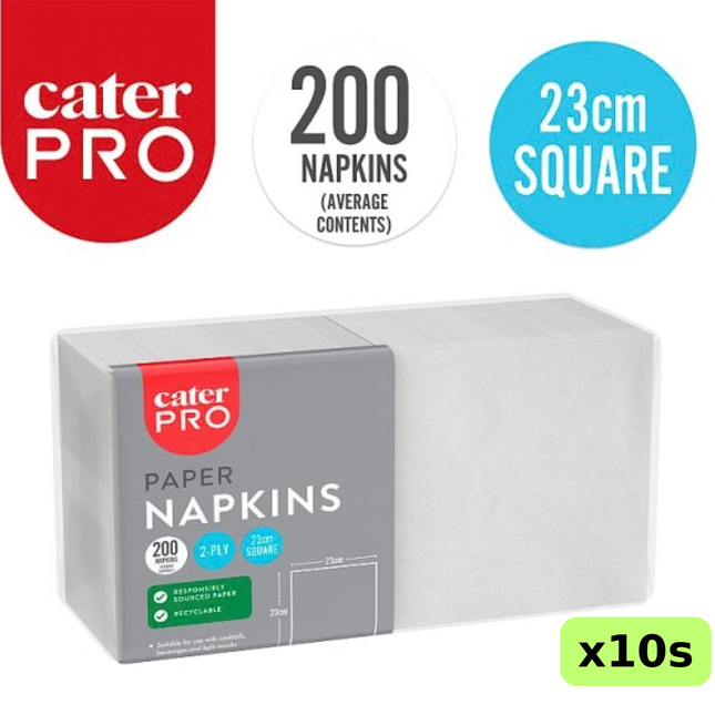 CaterPro white 2-ply paper napkins, wholesale case of 10 packs containing 200 napkins each, 23cm square