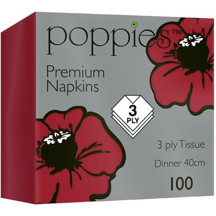 Poppies 100 3-ply 40cm premium dinner tissue napkins for wholesale catering and hospitality