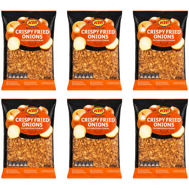 KTC Crispy Fried Onions wholesale case containing 6 x 400g packs of golden crispy fried onion topping
