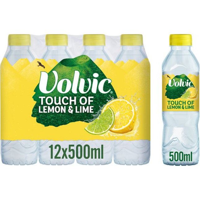 Volvic Touch of Fruit Lemon & Lime Sugar Free still flavoured water, wholesale case of 12 x 500ml bottles.