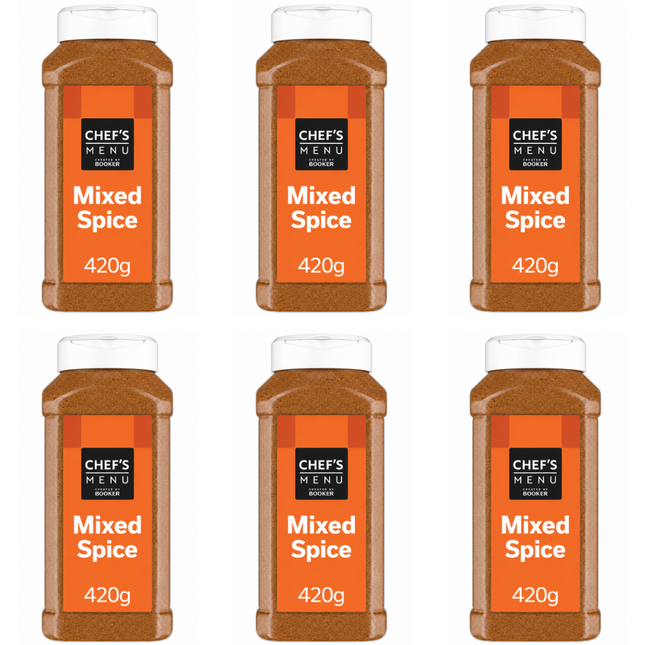 Chef's Menu Mixed Spice wholesale case containing 6 x 420g packs of traditional warm and aromatic mixed baking spice