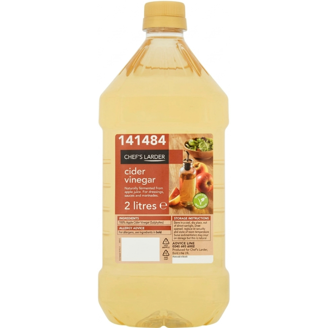 Chef's Larder Cider Vinegar 2 litre bottle for cooking, dressings and professional catering kitchens.