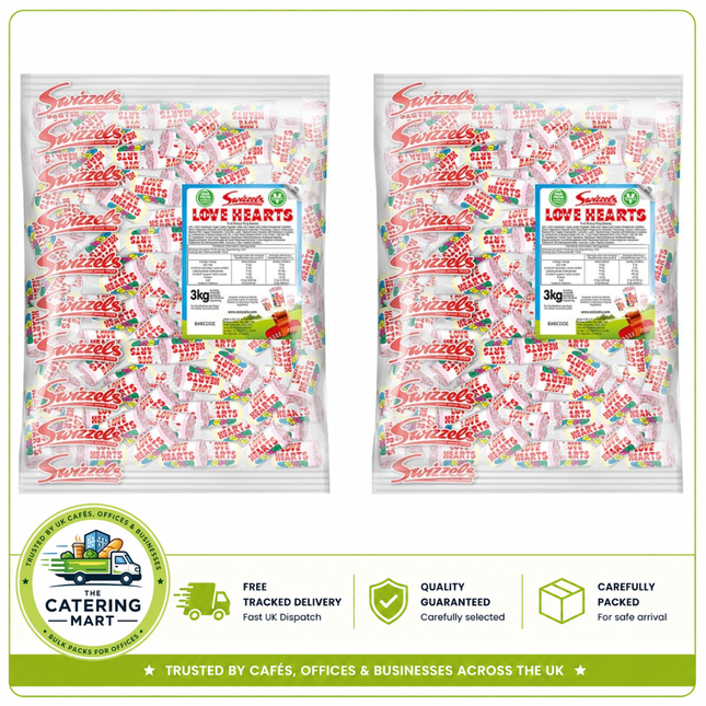 Swizzels Love Hearts Mini Rolls wholesale case containing 2 x 3kg bulk bags of fizzy fruit flavoured sweets