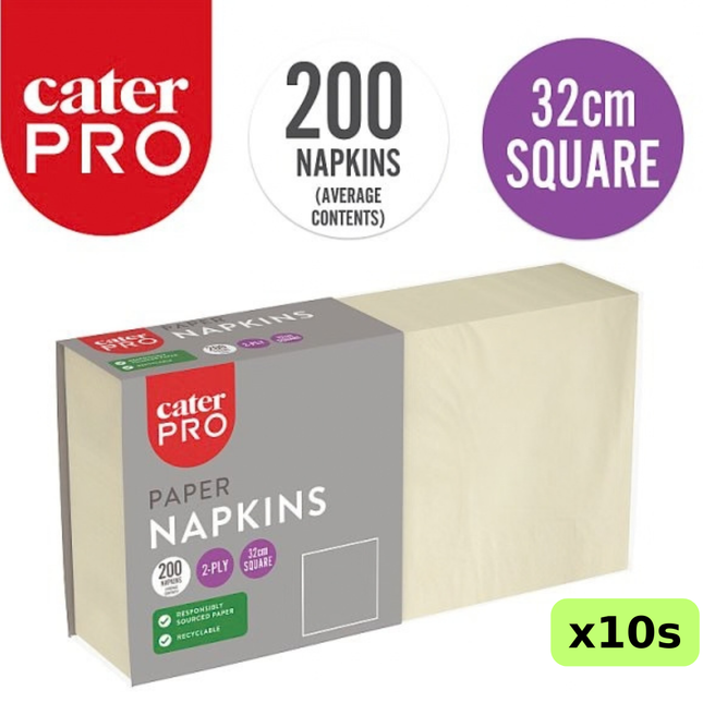 CaterPro cream 2-ply paper napkins, wholesale case of 10 packs containing 200 napkins each, 32cm square