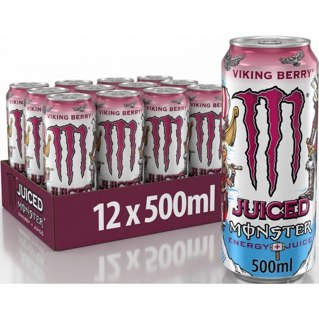Monster Energy Juiced Viking Berry wholesale case containing 12 x 500ml berry-flavoured energy drink cans.