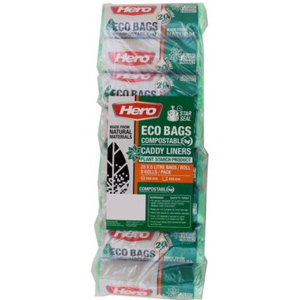 Hero Eco Bags 5 litre compostable caddy liners, case of 8 packs containing 20 bags each