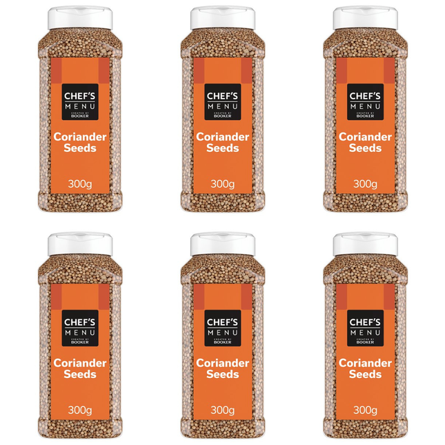 Chef's Menu Coriander Seeds wholesale case containing 6 x 300g packs of whole coriander seeds