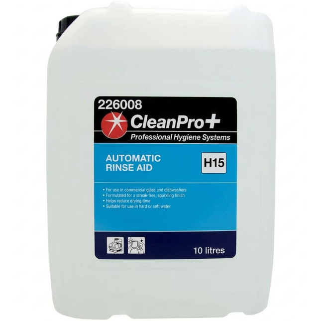 CleanPro+ H15 automatic dishwasher rinse aid in a 10 litre container for commercial dishwashers and glasswashers