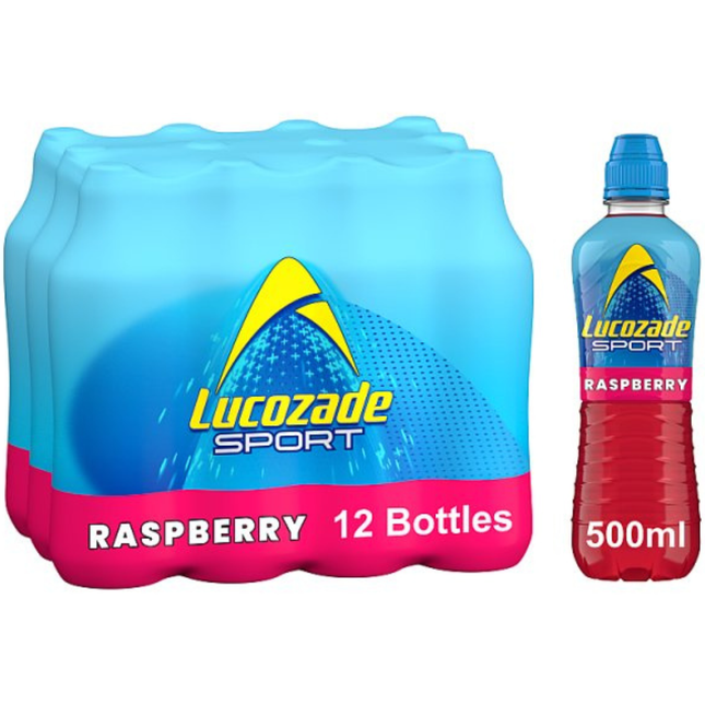 Lucozade Sport Raspberry wholesale case of 12 x 500ml bottles of raspberry-flavoured isotonic sports drink.