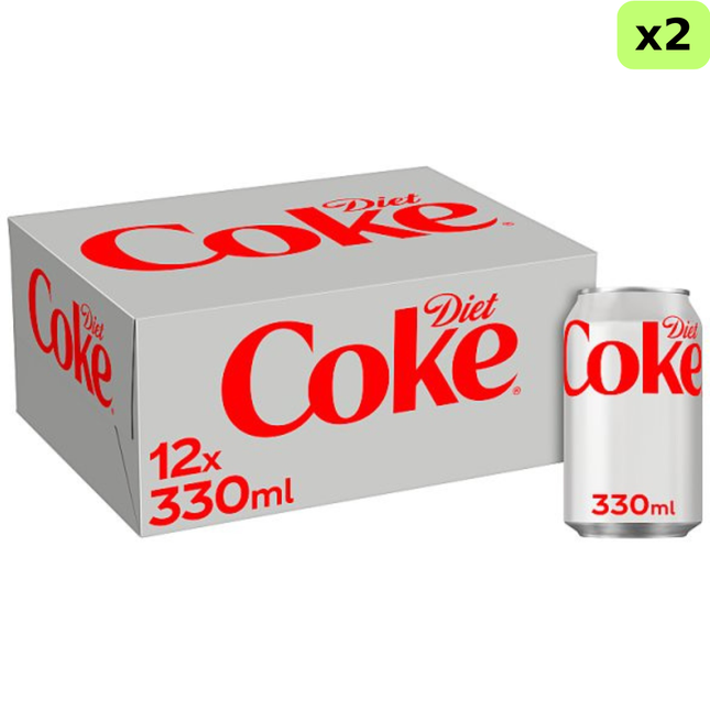 Diet Coke wholesale case containing 24 x 330ml cans of sugar-free sparkling cola, supplied as 2 packs of 12.