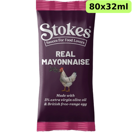 Stokes Real Mayonnaise Sachets catering pack containing 80 individual 32ml portions.