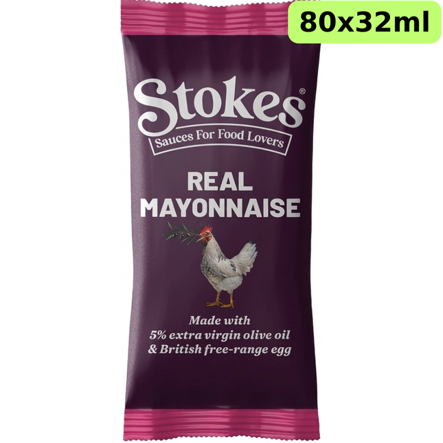 Stokes Real Mayonnaise Sachets catering pack containing 80 individual 32ml portions.