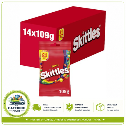 Skittles Vegan Chewy Fruit Flavour Sweets wholesale case containing 14 x 109g treat bags