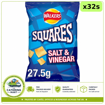 Walkers Squares Salt & Vinegar Crisps wholesale case containing 32 x 27.5g individual snack packs