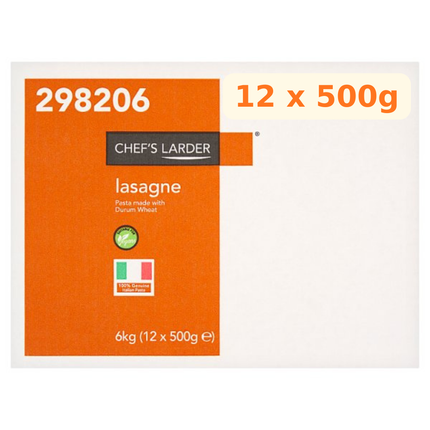 Chef's Larder Lasagne wholesale case containing 12 x 500g pasta packs, 6kg total
