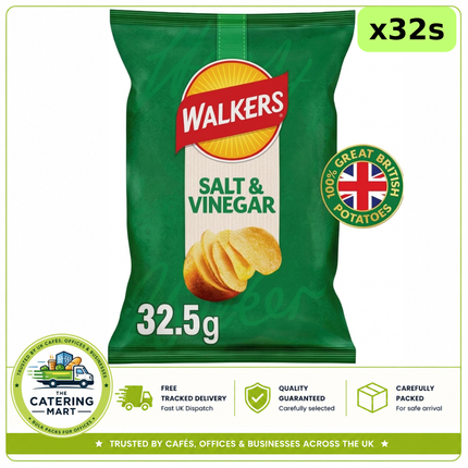 Walkers Snacks Salt & Vinegar Crisps wholesale case containing 32 x 32.5g individual snack packs
