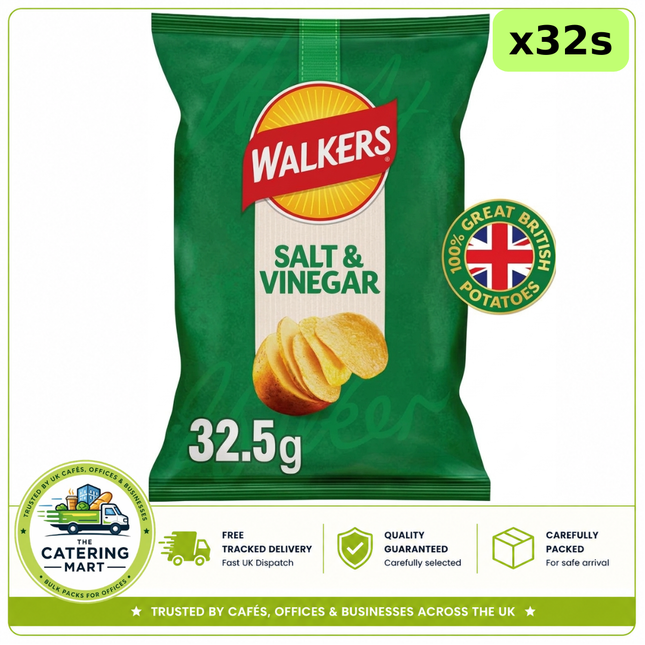 Walkers Snacks Salt & Vinegar Crisps wholesale case containing 32 x 32.5g individual snack packs