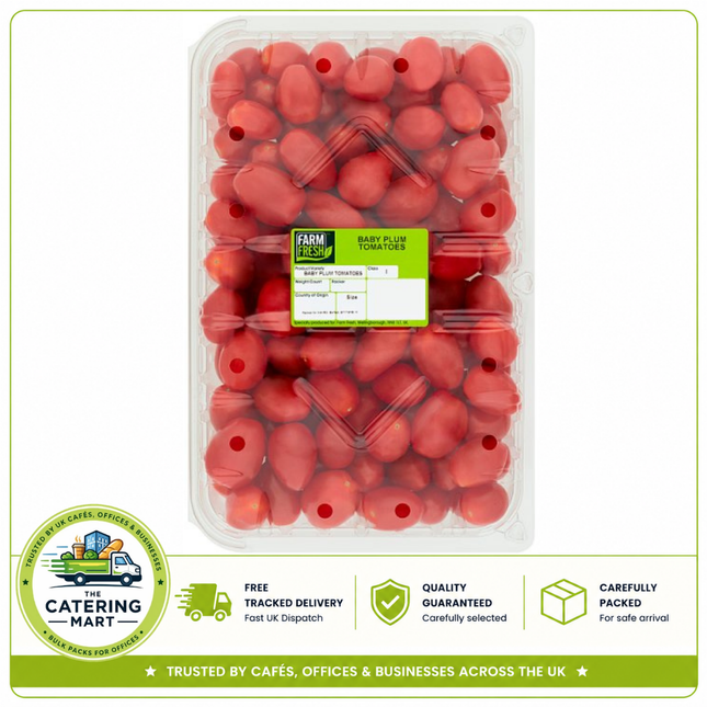 Farm Fresh Baby Plum Tomatoes 1.5kg pack of fresh sweet tomatoes for salads, pasta, sauces, sandwiches and catering.