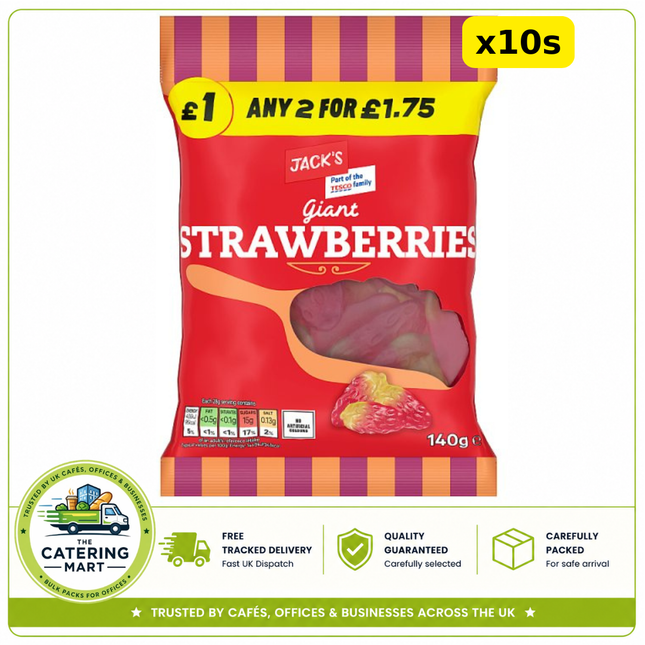 Jack's Giant Strawberries 10 x 140g wholesale case of strawberry-shaped chewy jelly sweets