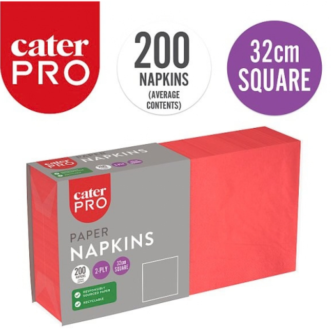 CaterPro red 2-ply paper napkins 200 pack, 32cm square, wholesale catering supplies