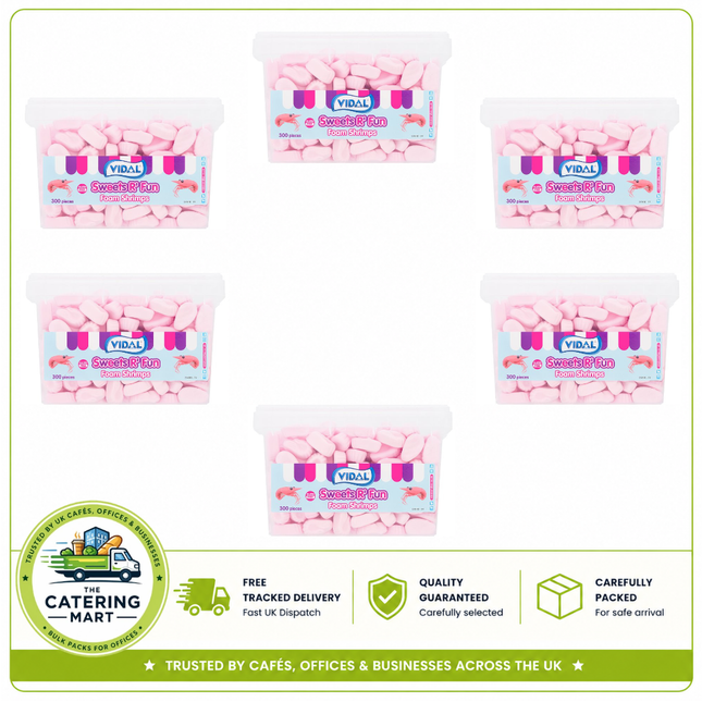 Vidal Sweets R' Fun Foam Shrimps wholesale case containing 6 x 840g packs with 300 pieces of soft foam shrimp sweets per pack