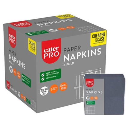 CaterPro Black Paper Napkins 20 x 100s 2-Ply 8-Fold 39 x 40mm | Wholesale