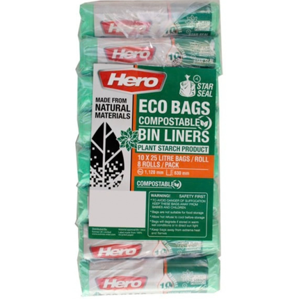 Hero Eco Bags 25 litre compostable bin liners, case of 8 packs containing 10 bags each