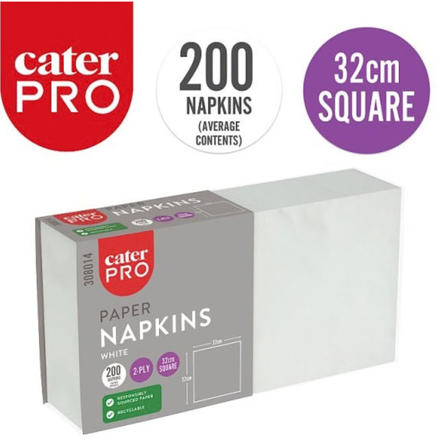 CaterPro white 2-ply paper napkins 200 pack, 32cm square, wholesale catering supplies
