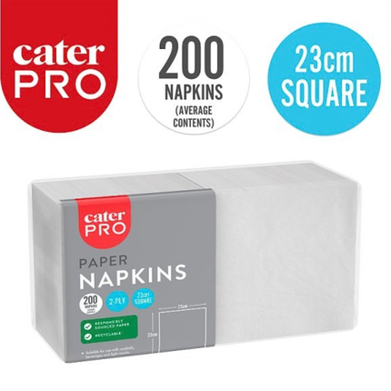 CaterPro white 2-ply paper napkins 200 pack, 23cm square, wholesale catering supplies