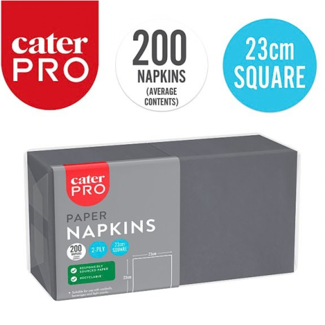 CaterPro black 2-ply paper napkins 200 pack, 23cm square, wholesale catering supplies