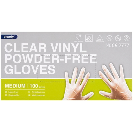Clearly Clear Medium clear vinyl powder-free disposable gloves, pack of 100 for food handling and catering