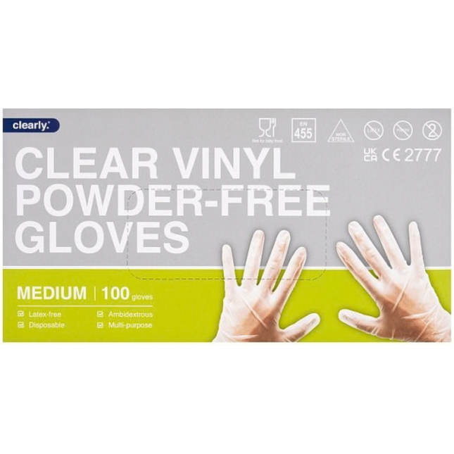 Clearly Clear Medium clear vinyl powder-free disposable gloves, pack of 100 for food handling and catering