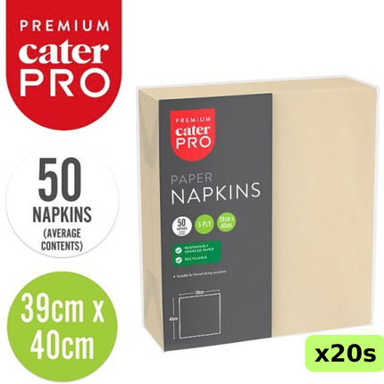 CaterPro Premium cream 3-ply paper napkins, wholesale case of 20 packs containing 50 napkins each
