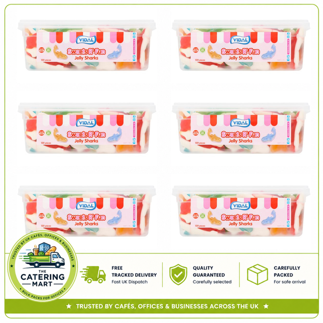 Vidal Sweets R' Fun Jelly Sharks wholesale case containing 6 x 720g packs of 120 soft chewy shark-shaped jelly sweets