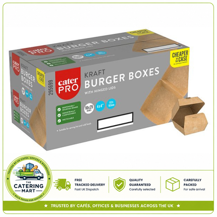 CaterPro 25 Kraft Burger Boxes with Hinged Lids | Wholesale Burger Packaging