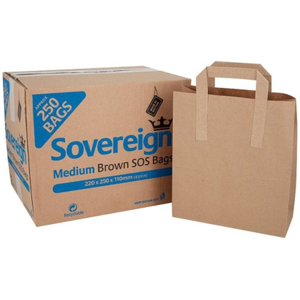 Sovereign medium brown block bottom takeaway food bags 220mm x 105mm x 250mm, pack of 250