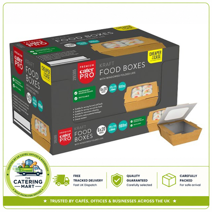 CaterPro Premium 20 Kraft Food Boxes with Windowed Folded Lids 1200ml | Bulk