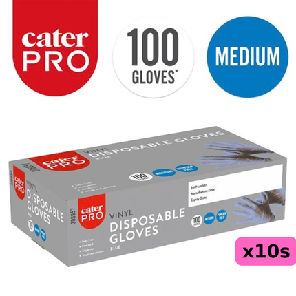 CaterPro Medium blue vinyl disposable gloves, wholesale case of 10 packs containing 100 gloves each