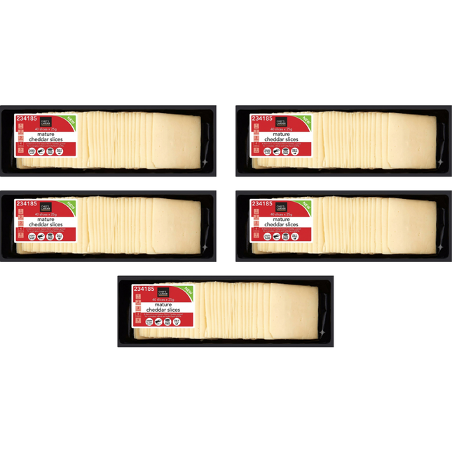 Chef's Larder Mature Cheddar Slices wholesale case containing 5 x 1kg packs of sliced cheddar cheese