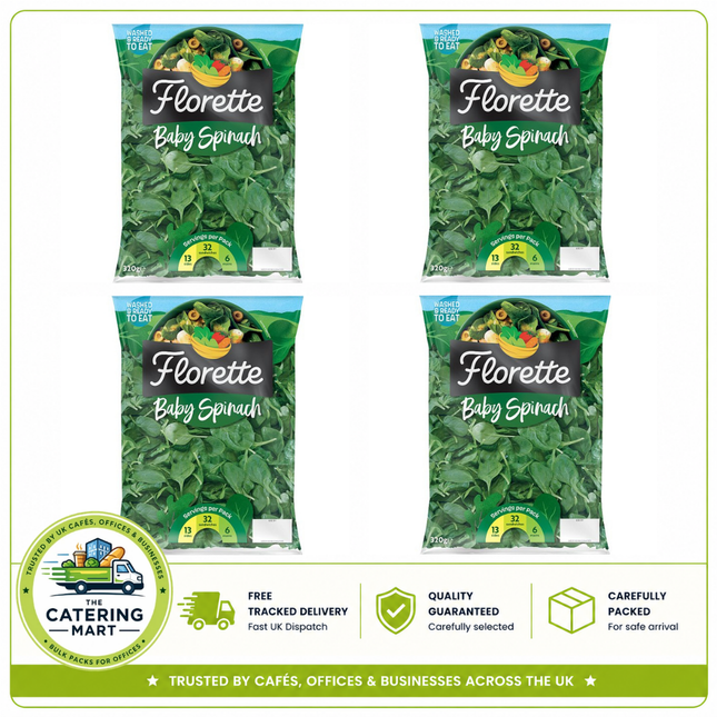 Florette Baby Spinach wholesale case containing 4 x 320g packs of fresh tender baby spinach leaves