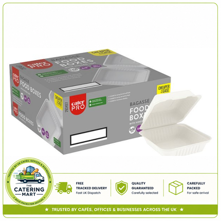 CaterPro 4 x 50 Bagasse Food Boxes with Hinged Lids 203x203mm | Wholesale