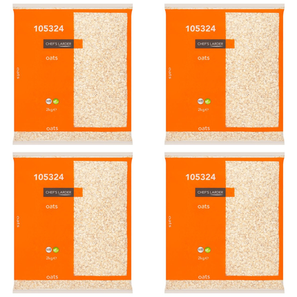 Chef's Larder Oats wholesale case containing 4 x 2kg packs of wholegrain rolled oats for porridge, breakfast service, flapjacks, oatcakes, cookies and baking
