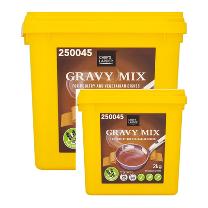 Chef's Larder Gravy Mix wholesale case containing 2 x 2kg packs of rich savoury gravy mix for roast meats, sausages, pies, chips and professional kitchens