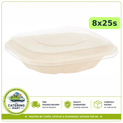 BioPak 500ml Octagon Takeaway Trays and Lids wholesale case containing 8 packs of 25 food containers