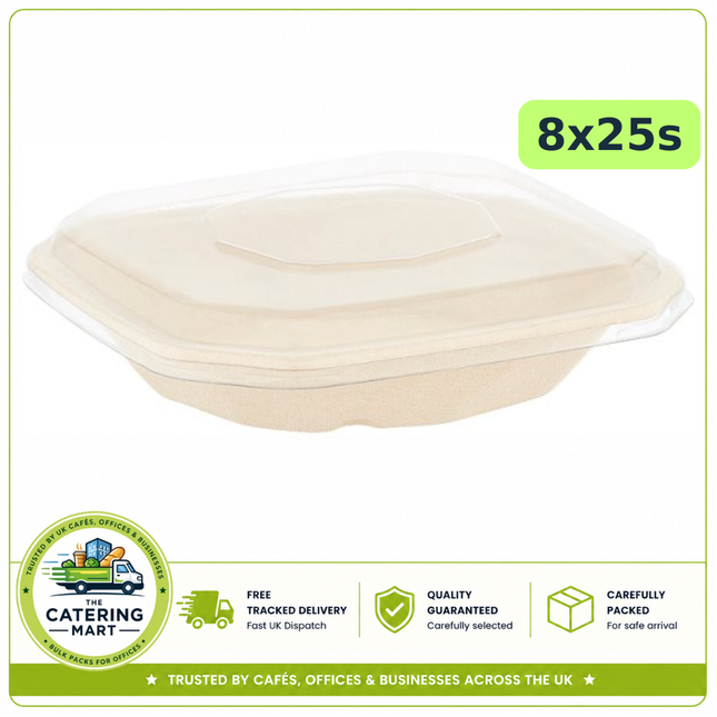 BioPak 500ml Octagon Takeaway Trays and Lids wholesale case containing 8 packs of 25 food containers